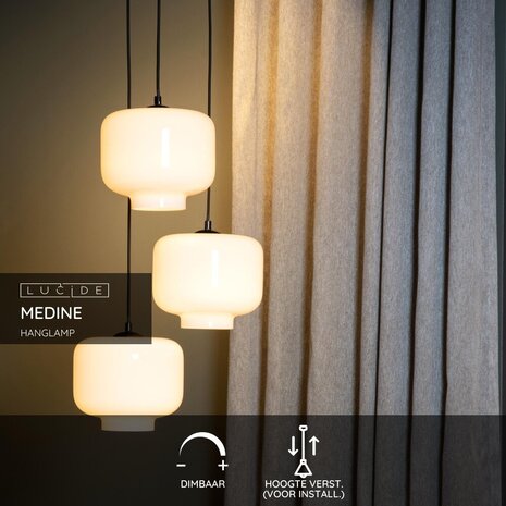 Lucide MEDINE - Hanglamp - Ø 46 cm - 3xE27 - Opaal Lucide MEDINE - Hanglamp - Ø 46 cm - 3xE27 - Opaal