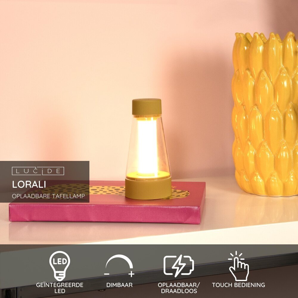 Lucide LORALI - Oplaadbare Tafellamp Binnen/Buiten - Accu/Batterij - Ø 7,7 cm - LED Dimb. - 1x1,2W 2600K/3000K - IP44 - Okergeel