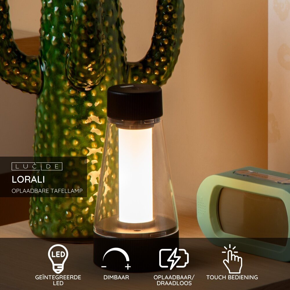 Lucide LORALI - Oplaadbare Tafellamp Binnen/Buiten - Accu/Batterij - Ø 7,7 cm - LED Dimb. - 1x1,2W 2600K/3000K - IP44 - Zwart