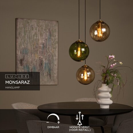 Lucide MONSARAZ - Hanglamp - Ø 35 cm - 3xE27 - Groen Lucide MONSARAZ - Hanglamp - Ø 35 cm - 3xE27 - Groen