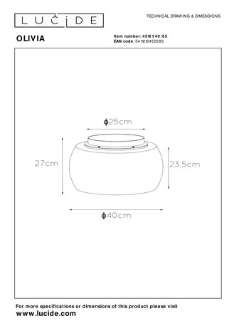 Lucide OLIVIA - Plafonnière - Ø 40 cm - 3xE27 - Fumé Lucide OLIVIA - Plafonnière - Ø 40 cm - 3xE27 - Fumé