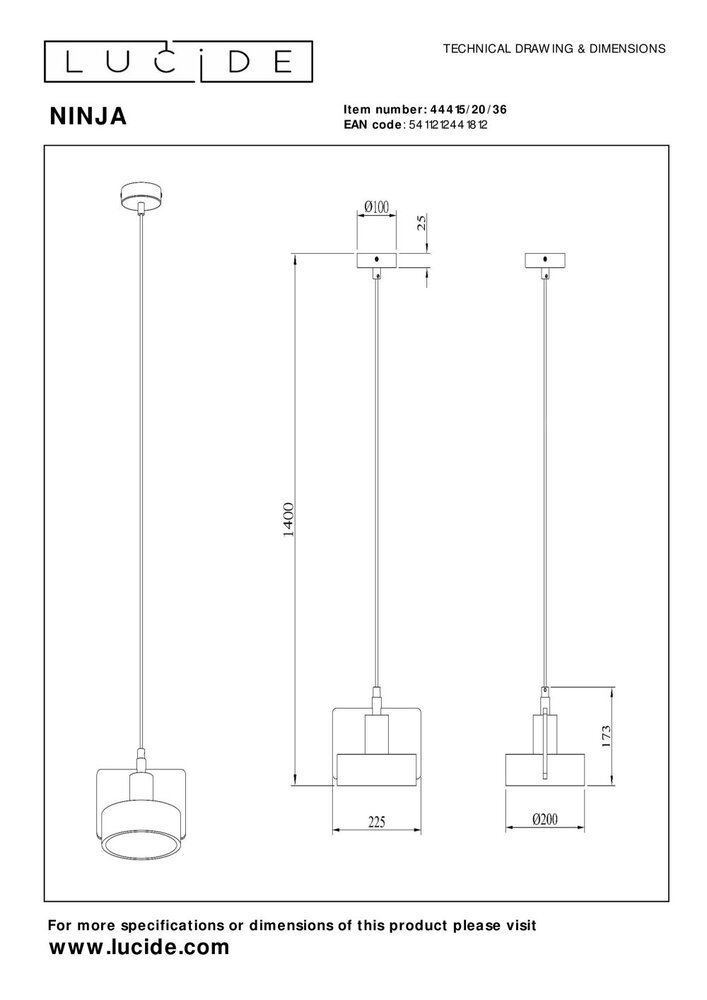 Lucide NINJA - Hanglamp - Ø 20 cm - 1xE27 - Grijs Lucide NINJA - Hanglamp - Ø 20 cm - 1xE27 - Grijs