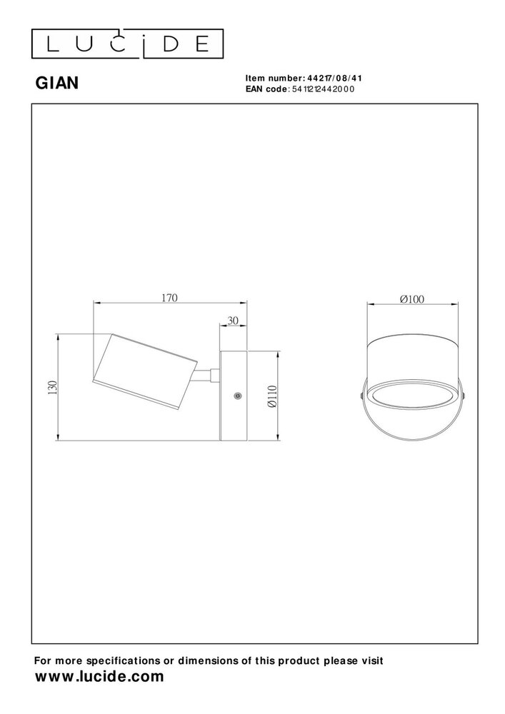 Lucide GIAN - Wandlamp - LED Dimb. - 1x9W 2700K - Taupe Lucide GIAN - Wandlamp - LED Dimb. - 1x9W 2700K - Taupe