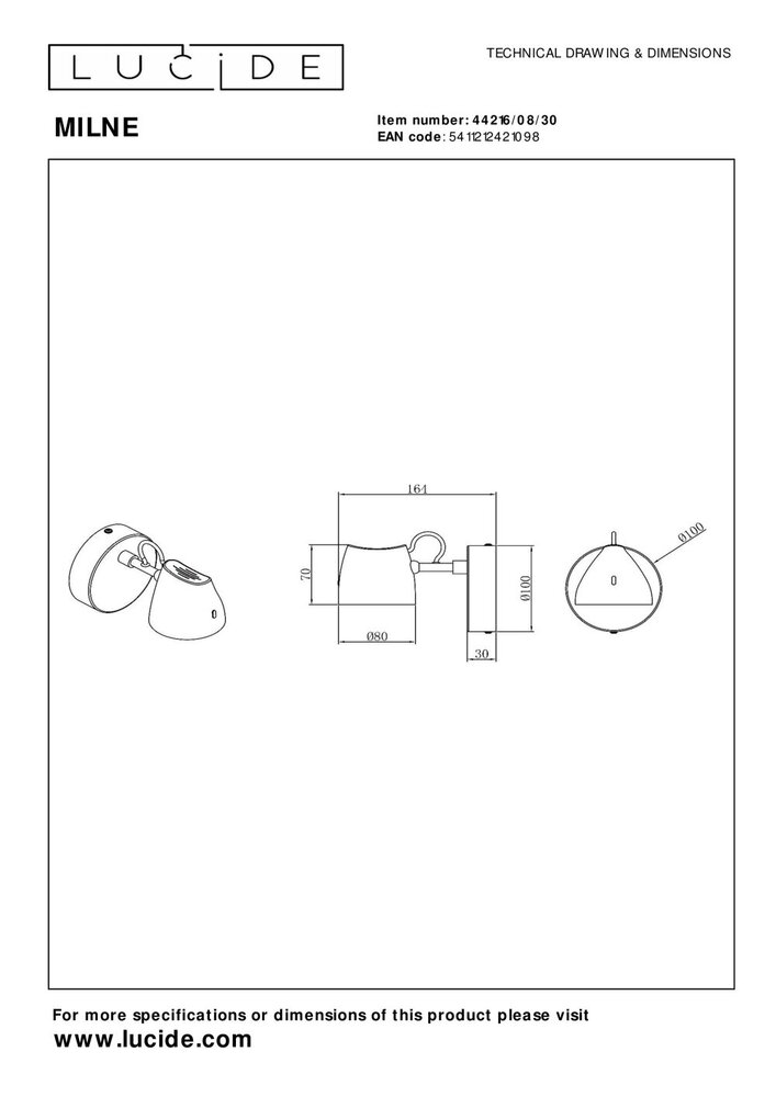 Lucide MILNE - Wandlamp - LED Dimb. - 1x8W 2700K - Zwart
