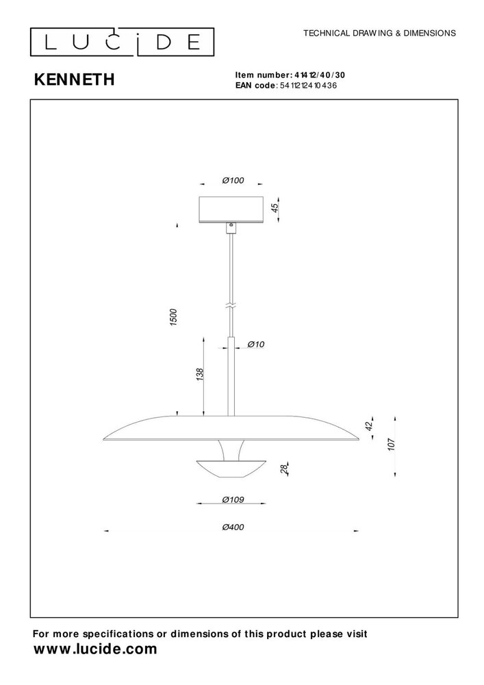 Lucide KENNETH - Hanglamp - Ø 40 cm - LED Dimb. - 1x12W 2700K - Zwart | Premium Lucide KENNETH - Hanglamp - Ø 40 cm - LED Dimb. - 1x12W 2700K - Zwart | Premium