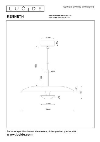 Lucide KENNETH - Hanglamp - Ø 40 cm - LED Dimb. - 1x12W 2700K - Zwart | Premium Lucide KENNETH - Hanglamp - Ø 40 cm - LED Dimb. - 1x12W 2700K - Zwart | Premium