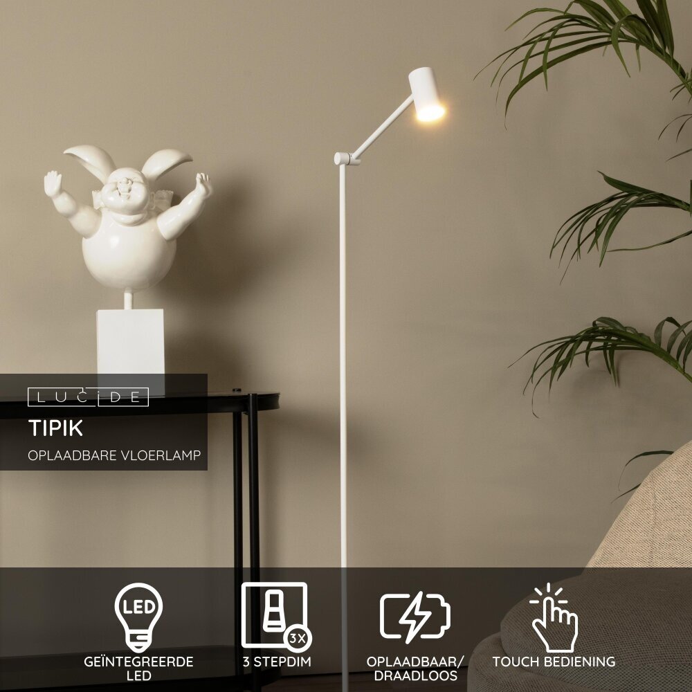Lucide TIPIK - Oplaadbare Vloerlamp - Accu/Batterij - LED 3 StepDim - 1x3W 2700K - Wit Lucide TIPIK - Oplaadbare Vloerlamp - Accu/Batterij - LED 3 StepDim - 1x3W 2700K - Wit