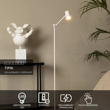 Lucide TIPIK - Oplaadbare Vloerlamp - Accu/Batterij - LED 3 StepDim - 1x3W 2700K - Wit Lucide TIPIK - Oplaadbare Vloerlamp - Accu/Batterij - LED 3 StepDim - 1x3W 2700K - Wit