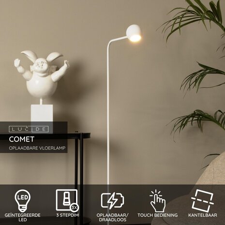 Lucide COMET - Oplaadbare Vloerlamp - Accu/Batterij - LED 3 StepDim - 1x3W 2700K - Wit Lucide COMET - Oplaadbare Vloerlamp - Accu/Batterij - LED 3 StepDim - 1x3W 2700K - Wit