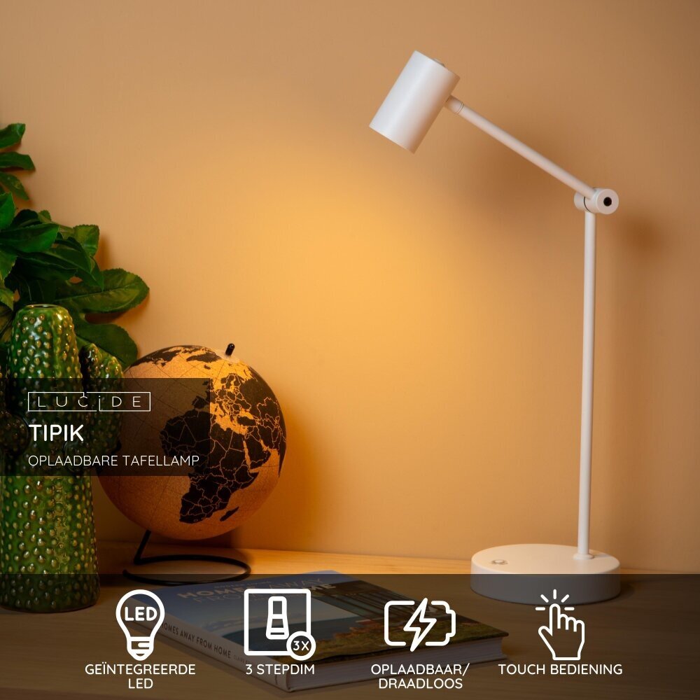 Lucide TIPIK - Oplaadbare Bureaulamp - Accu/Batterij - LED 3 StepDim - 1x3W 2700K - Wit Lucide TIPIK - Oplaadbare Bureaulamp - Accu/Batterij - LED 3 StepDim - 1x3W 2700K - Wit