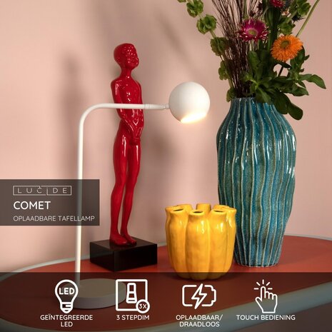 Lucide COMET - Oplaadbare Bureaulamp - Accu/Batterij - LED 3 StepDim - 1x3W 2700K - Wit Lucide COMET - Oplaadbare Bureaulamp - Accu/Batterij - LED 3 StepDim - 1x3W 2700K - Wit