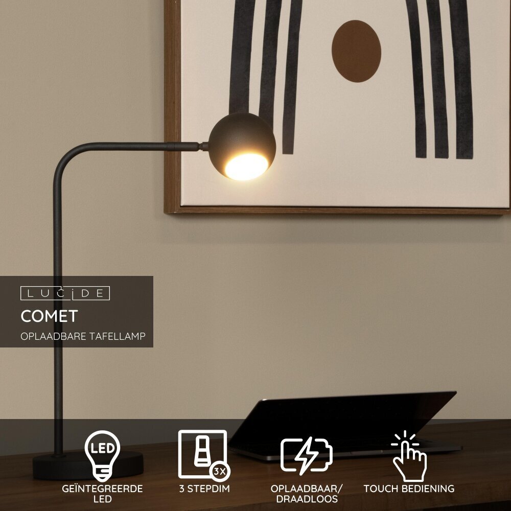 Lucide COMET - Oplaadbare Bureaulamp - Accu/Batterij - LED 3 StepDim - 1x3W 2700K - Zwart Lucide COMET - Oplaadbare Bureaulamp - Accu/Batterij - LED 3 StepDim - 1x3W 2700K - Zwart