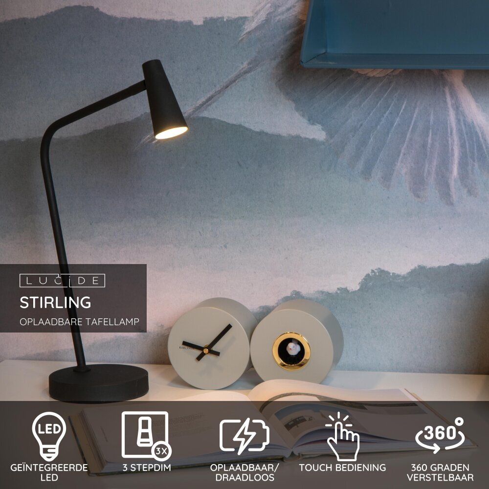 Lucide STIRLING - Oplaadbare Bureaulamp - Accu/Batterij - LED 3 StepDim - 1x3W 2700K - Zwart Lucide STIRLING - Oplaadbare Bureaulamp - Accu/Batterij - LED 3 StepDim - 1x3W 2700K - Zwart