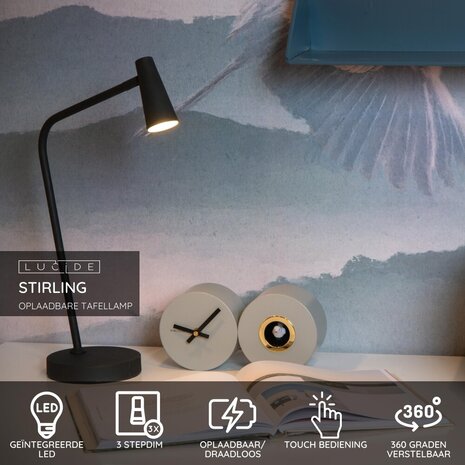 Lucide STIRLING - Oplaadbare Bureaulamp - Accu/Batterij - LED 3 StepDim - 1x3W 2700K - Zwart Lucide STIRLING - Oplaadbare Bureaulamp - Accu/Batterij - LED 3 StepDim - 1x3W 2700K - Zwart