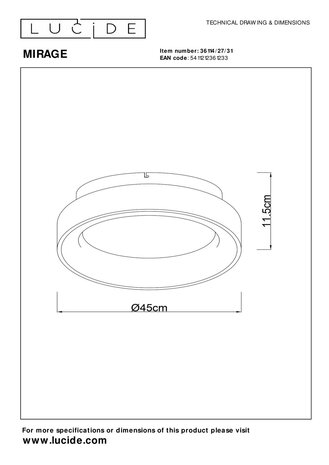 Lucide MIRAGE - Plafonnière - Ø 45 cm - LED Dimb. - 1x33W 2700K - Wit Lucide MIRAGE - Plafonnière - Ø 45 cm - LED Dimb. - 1x33W 2700K - Wit