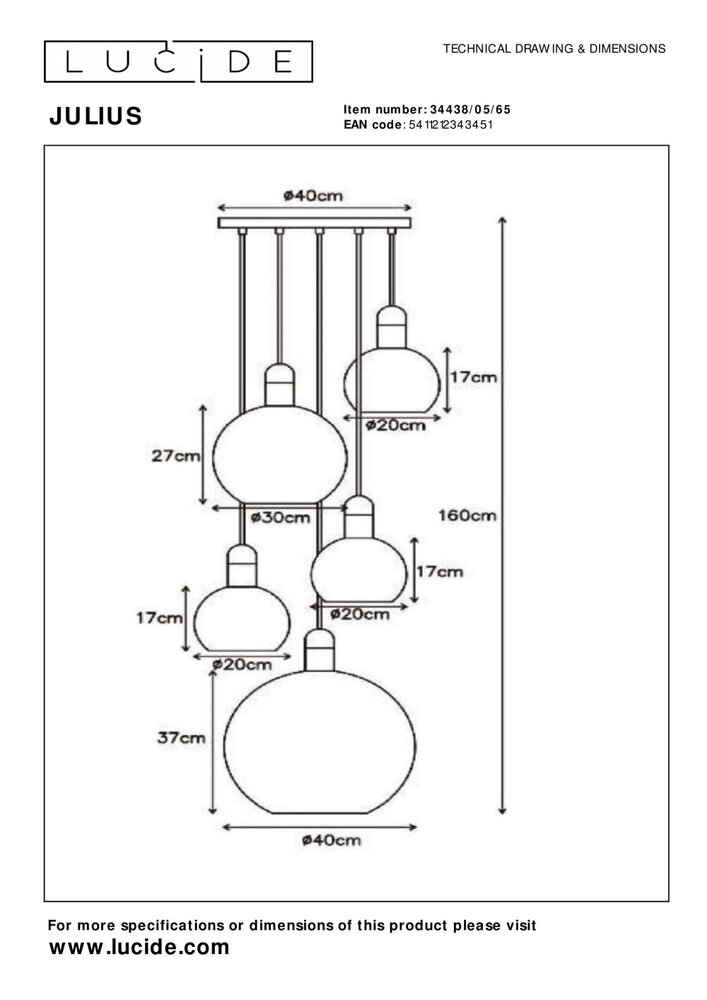 Lucide JULIUS - Hanglamp - 5xE27 - Fumé Lucide JULIUS - Hanglamp - 5xE27 - Fumé