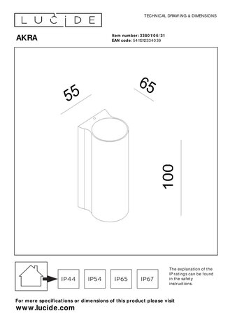 Lucide AKRA - Wandlamp Binnen/Buiten - LED - 1x6W 2700K - IP54 - Wit Lucide AKRA - Wandlamp Binnen/Buiten - LED - 1x6W 2700K - IP54 - Wit