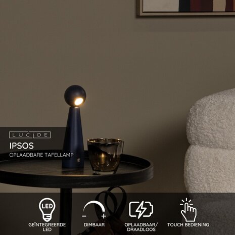 Lucide IPSOS - Oplaadbare Tafellamp - Accu/Batterij - LED Dimb. - 1x3W 2700K - Blauw Lucide IPSOS - Oplaadbare Tafellamp - Accu/Batterij - LED Dimb. - 1x3W 2700K - Blauw