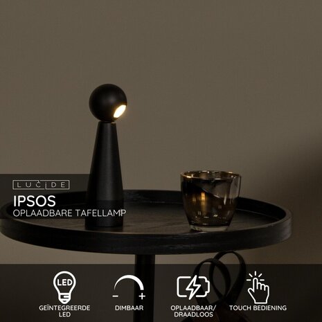 Lucide IPSOS - Oplaadbare Tafellamp - Accu/Batterij - LED Dimb. - 1x3W 2700K - Zwart