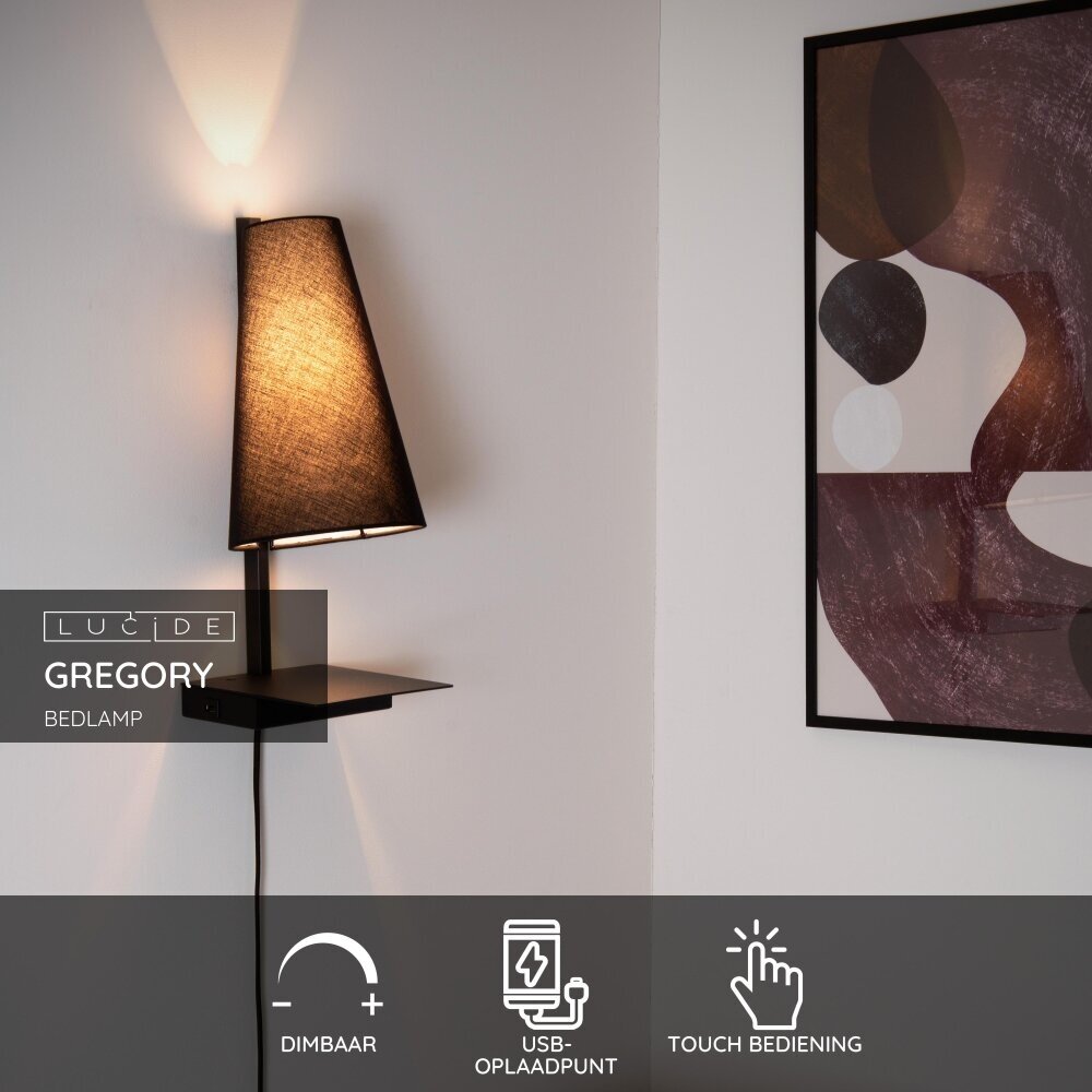 Lucide GREGORY - Bedlamp / Wandlamp - 1xE27 - Met USB oplaadpunt - Zwart Lucide GREGORY - Bedlamp / Wandlamp - 1xE27 - Met USB oplaadpunt - Zwart
