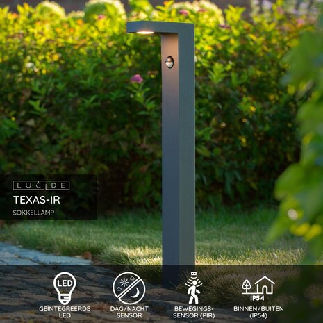 Lucide TEXAS-IR - Sokkellamp - LED - 1x7W 3000K - IP54 - Beweging & dag/nacht sensor (uitschakelbaar) - Antraciet Lucide TEXAS-IR - Sokkellamp - LED - 1x7W 3000K - IP54 - Beweging & dag/nacht sensor (uitschakelbaar) - Antraciet