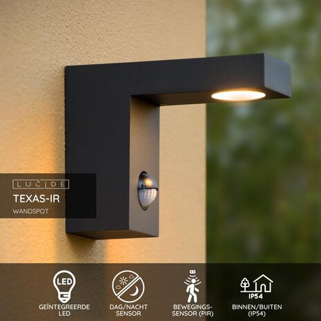 Lucide TEXAS-IR - Wandspot / Wandlamp Binnen/Buiten - LED - 1x7W 3000K - IP54 - Beweging & dag/nacht sensor (uitschakelbaar) - Antraciet Lucide TEXAS-IR - Wandspot / Wandlamp Binnen/Buiten - LED - 1x7W 3000K - IP54 - Beweging & dag/nacht sensor (uitschakelbaar) - Antraciet
