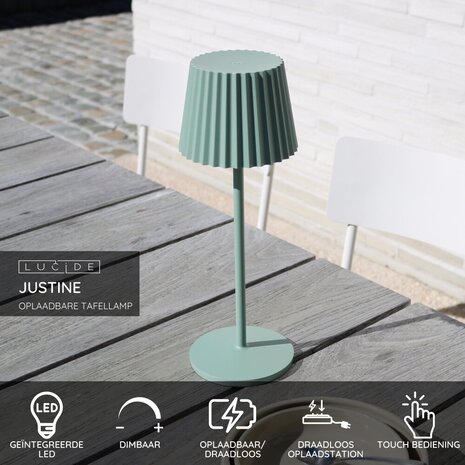 Lucide JUSTINE - Oplaadbare Tafellamp Binnen/Buiten - Accu/Batterij - LED Dimb. - 1x2W 2700K - IP54 - Met draadloos oplaadstation - Groen Lucide JUSTINE - Oplaadbare Tafellamp Binnen/Buiten - Accu/Batterij - LED Dimb. - 1x2W 2700K - IP54 - Met draadloos oplaadstation - Groen