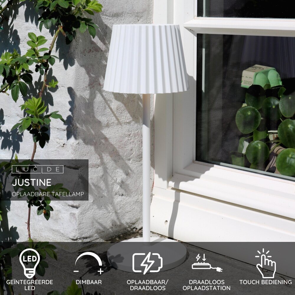 Lucide JUSTINE - Oplaadbare Tafellamp Binnen/Buiten - Accu/Batterij - LED Dimb. - 1x2W 2700K - IP54 - Met draadloos oplaadstation - Wit Lucide JUSTINE - Oplaadbare Tafellamp Binnen/Buiten - Accu/Batterij - LED Dimb. - 1x2W 2700K - IP54 - Met draadloos oplaadstation - Wit