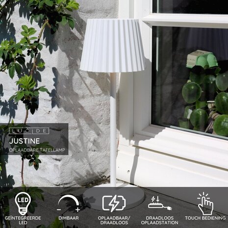 Lucide JUSTINE - Oplaadbare Tafellamp Binnen/Buiten - Accu/Batterij - LED Dimb. - 1x2W 2700K - IP54 - Met draadloos oplaadstation - Wit Lucide JUSTINE - Oplaadbare Tafellamp Binnen/Buiten - Accu/Batterij - LED Dimb. - 1x2W 2700K - IP54 - Met draadloos oplaadstation - Wit