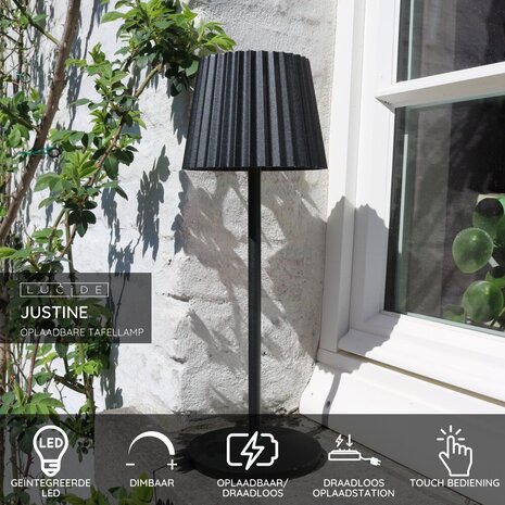 Lucide JUSTINE - Oplaadbare Tafellamp Binnen/Buiten - Accu/Batterij - LED Dimb. - 1x2W 2700K - IP54 - Met draadloos oplaadstation - Zwart Lucide JUSTINE - Oplaadbare Tafellamp Binnen/Buiten - Accu/Batterij - LED Dimb. - 1x2W 2700K - IP54 - Met draadloos oplaadstation - Zwart