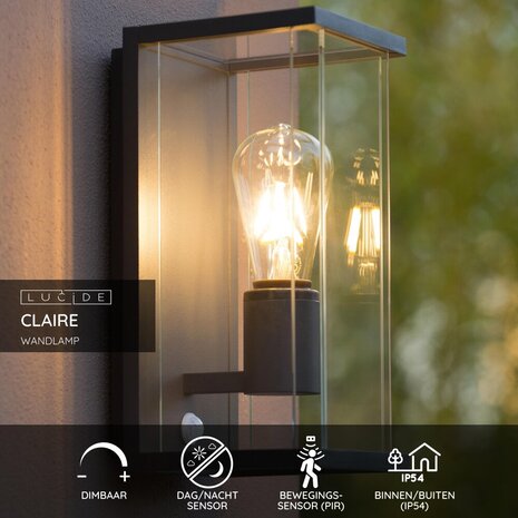 Lucide CLAIRE - Wandlamp Binnen/Buiten - 1xE27 - IP54 - Beweging & dag/nacht sensor - Antraciet