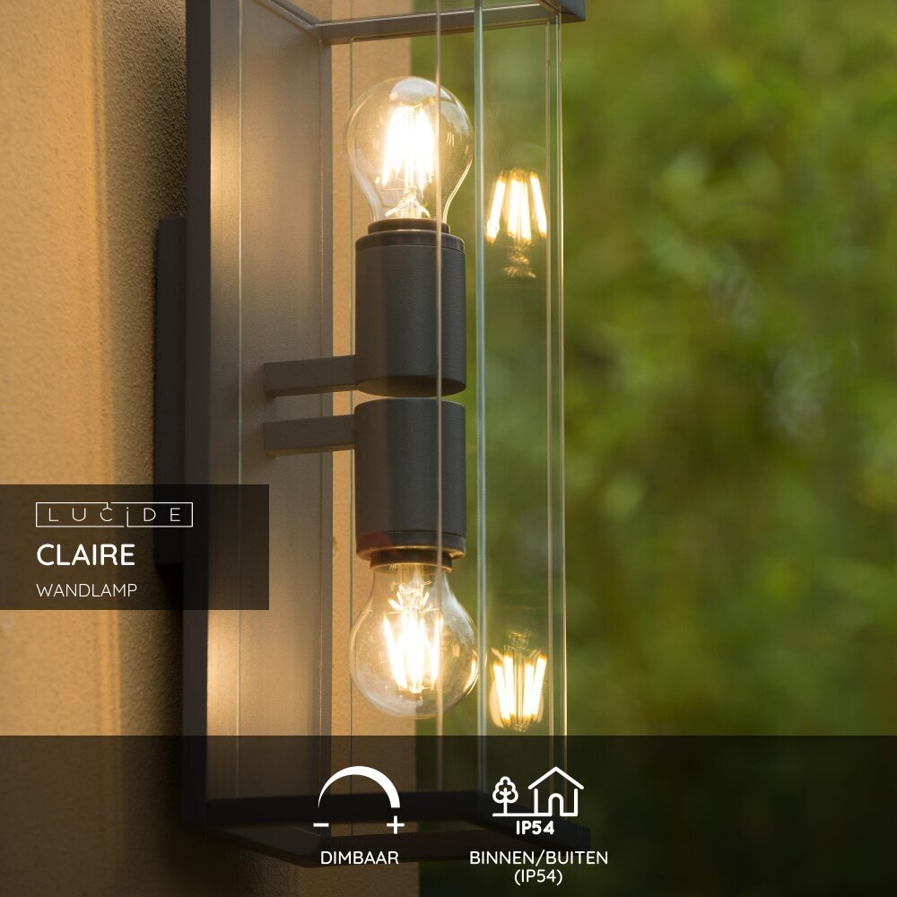Lucide CLAIRE - Wandlamp Binnen/Buiten - 2xE27 - IP54 - Antraciet Lucide CLAIRE - Wandlamp Binnen/Buiten - 2xE27 - IP54 - Antraciet