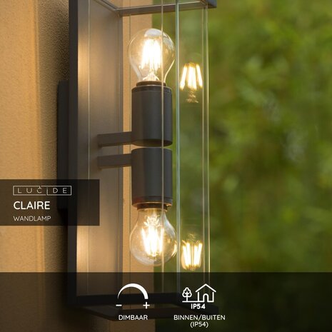 Lucide CLAIRE - Wandlamp Binnen/Buiten - 2xE27 - IP54 - Antraciet Lucide CLAIRE - Wandlamp Binnen/Buiten - 2xE27 - IP54 - Antraciet