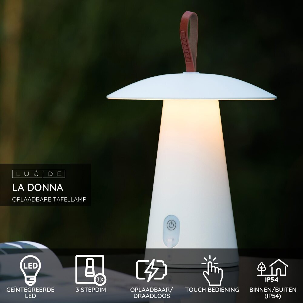 Lucide LA DONNA - Oplaadbare Tafellamp Binnen/Buiten - Accu/Batterij - Ø 19,7 cm - LED 3 StepDim - 1x2W 2700K - IP54 - Wit Lucide LA DONNA - Oplaadbare Tafellamp Binnen/Buiten - Accu/Batterij - Ø 19,7 cm - LED 3 StepDim - 1x2W 2700K - IP54 - Wit