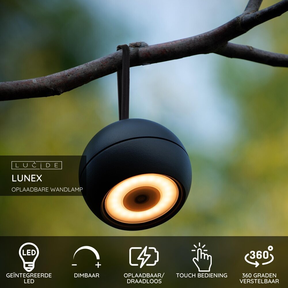 Lucide LUNEX - Oplaadbare Wandlamp Binnen/Buiten - Accu/Batterij - LED Dimb. - 1x2W 3000K - IP54 - Magnetisch - Zwart