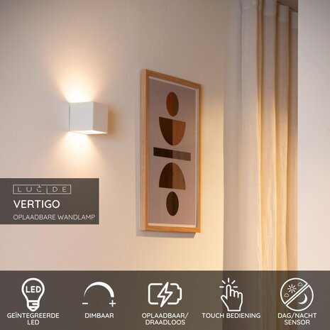 Lucide VERTIGO - Oplaadbare Wandlamp Binnen/Buiten - Accu/Batterij - LED Dimb. - 1x6W 2700K - IP54 - Bewegingssensor - Magnetisch - Wit Lucide VERTIGO - Oplaadbare Wandlamp Binnen/Buiten - Accu/Batterij - LED Dimb. - 1x6W 2700K - IP54 - Bewegingssensor - Magnetisch - Wit