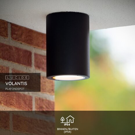Lucide VOLANTIS - Plafondspot Binnen/Buiten - Ø 10,8 cm - 1xE27 - IP54 - Zwart