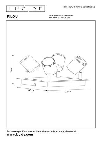 Lucide RILOU - Plafondspot - LED Dimb. - GU10 (MR16) - 4x5W 3000K - Wit Lucide RILOU - Plafondspot - LED Dimb. - GU10 (MR16) - 4x5W 3000K - Wit