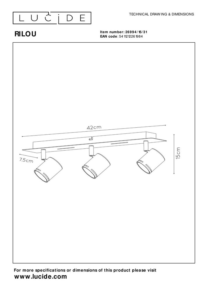 Lucide RILOU - Plafondspot - LED Dimb. - GU10 (MR16) - 3x5W 3000K - Wit Lucide RILOU - Plafondspot - LED Dimb. - GU10 (MR16) - 3x5W 3000K - Wit