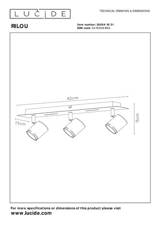 Lucide RILOU - Plafondspot - LED Dimb. - GU10 (MR16) - 3x5W 3000K - Wit Lucide RILOU - Plafondspot - LED Dimb. - GU10 (MR16) - 3x5W 3000K - Wit