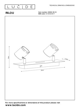 Lucide RILOU - Plafondspot - LED Dimb. - GU10 (MR16) - 2x5W 3000K - Wit Lucide RILOU - Plafondspot - LED Dimb. - GU10 (MR16) - 2x5W 3000K - Wit