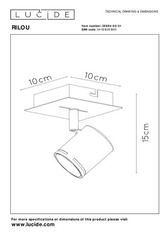 Lucide RILOU - Plafondspot - LED Dimb. - GU10 (MR16) - 1x5W 3000K - Wit Lucide RILOU - Plafondspot - LED Dimb. - GU10 (MR16) - 1x5W 3000K - Wit