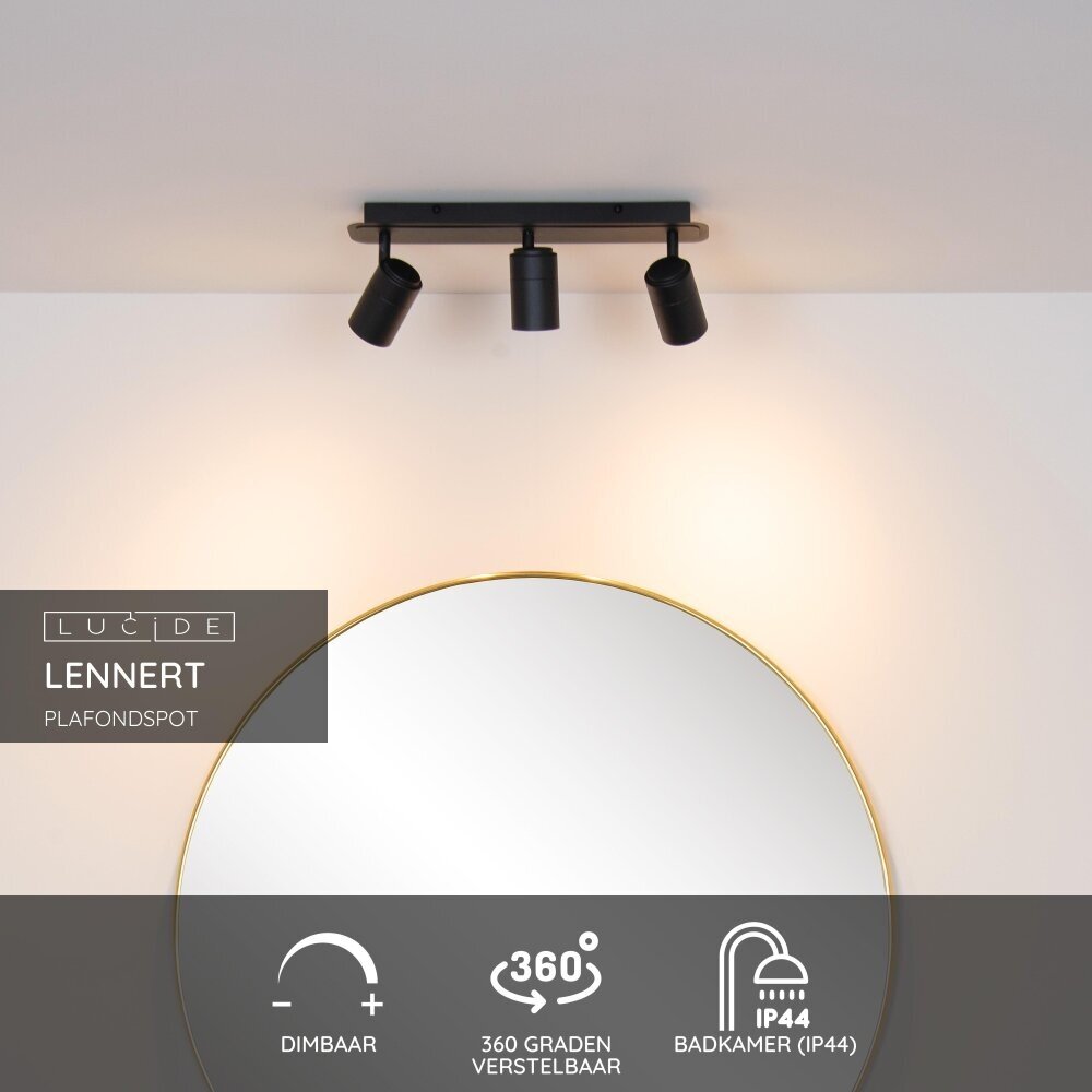 Lucide LENNERT - Plafondspot Badkamer - LED Dimb. - GU10 - 3x5W 3000K - IP44 - Zwart