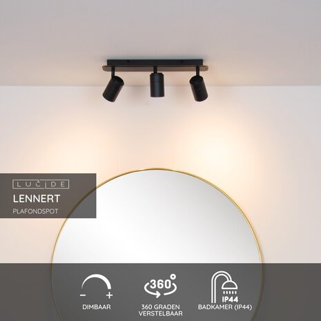 Lucide LENNERT - Plafondspot Badkamer - LED Dimb. - GU10 - 3x5W 3000K - IP44 - Zwart