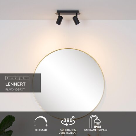 Lucide LENNERT - Plafondspot Badkamer - LED Dimb. - GU10 - 2x5W 3000K - IP44 - Zwart