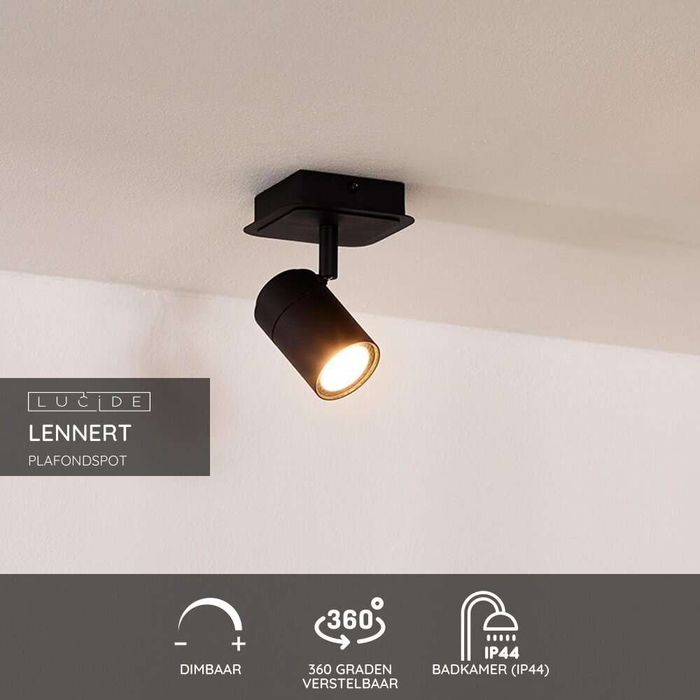 Lucide LENNERT - Plafondspot Badkamer - LED Dimb. - GU10 - 1x5W 3000K - IP44 - Zwart Lucide LENNERT - Plafondspot Badkamer - LED Dimb. - GU10 - 1x5W 3000K - IP44 - Zwart