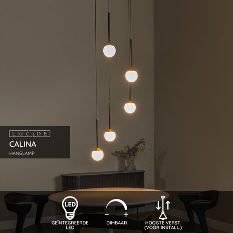 Lucide CALINA - Hanglamp - Ø 42 cm - LED Dimb. - 5x8,2W 2700K - Zwart | Premium
