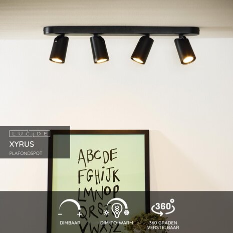 Lucide XYRUS - Plafondspot - LED Dim to warm - GU10 - 4x5W 2200K/3000K - Zwart Lucide XYRUS - Plafondspot - LED Dim to warm - GU10 - 4x5W 2200K/3000K - Zwart