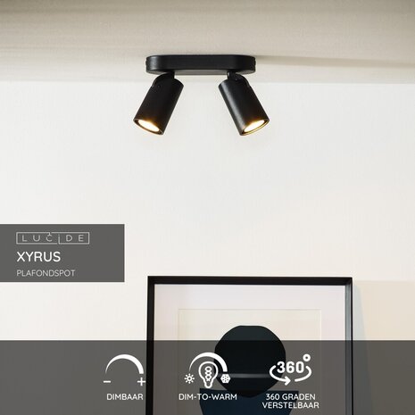 Lucide XYRUS - Plafondspot - LED Dim to warm - GU10 - 2x5W 2200K/3000K - Zwart