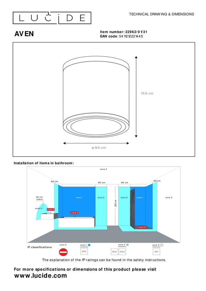 Lucide AVEN - Plafondspot Badkamer - Ø 9 cm - 1xGU10 (MR16) - IP65 - Wit